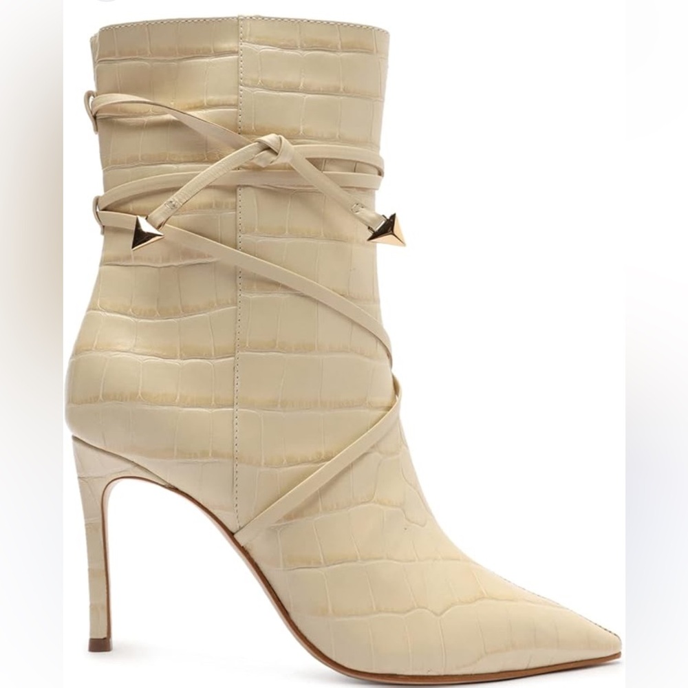 SCHUTZ Vini Nude Leather Pointed Toe Crocodile Embossed Zipper Ankle Boots